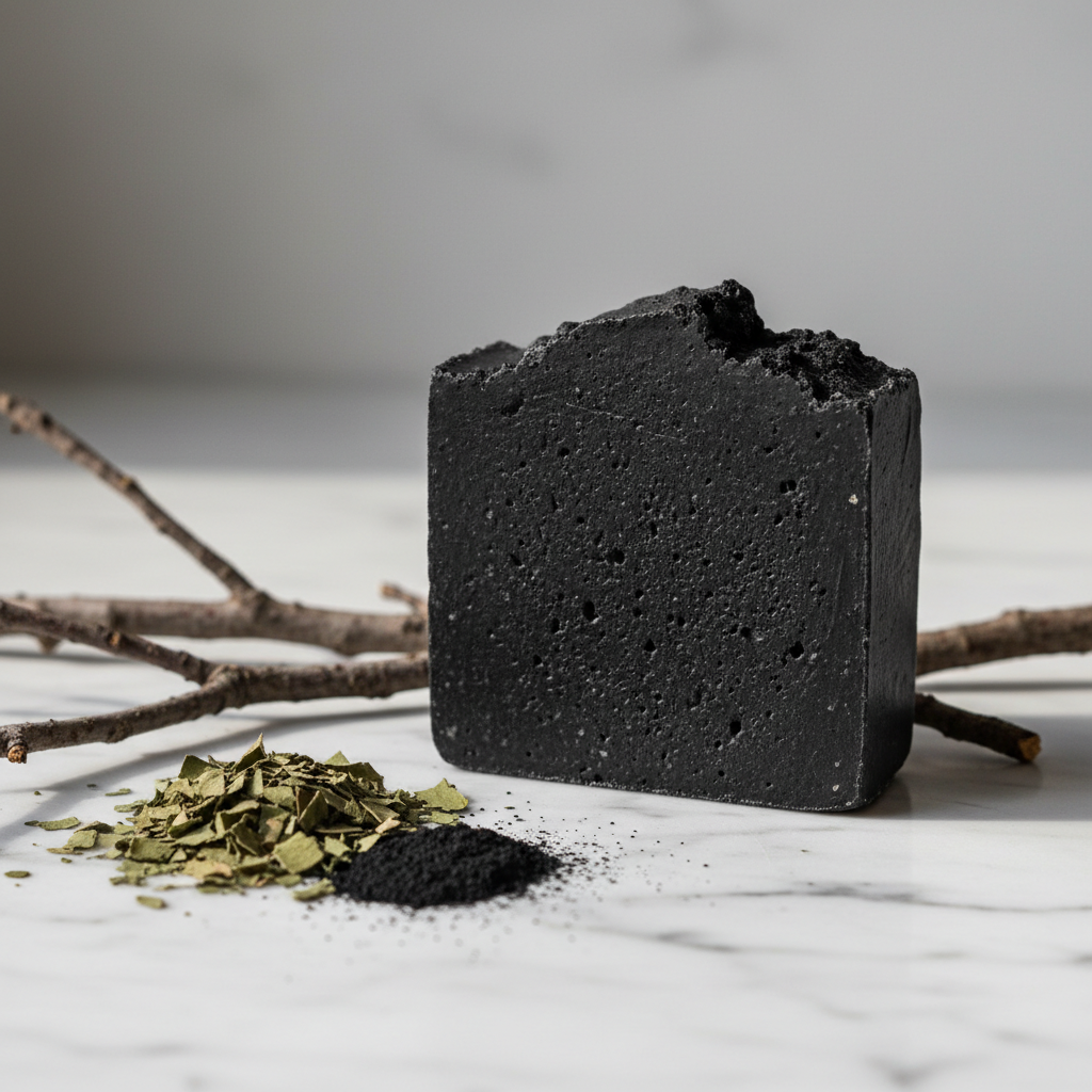 Raw Natural Black Soap Bar - artisanal charcoal soap on white marble