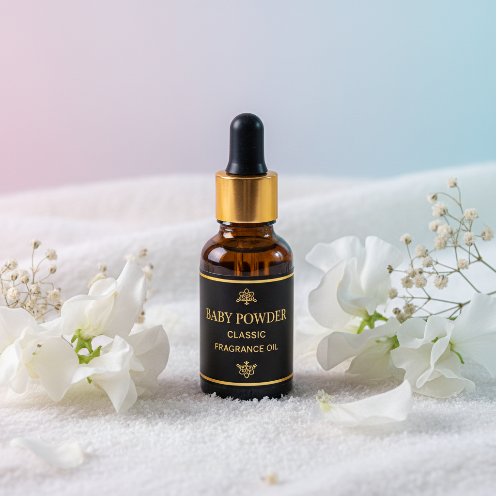 Baby Powder Classic Fragrance Oil amber dropper bottle with white flowers on soft white surface