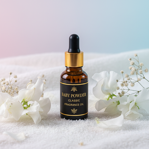 Baby Powder Classic Fragrance Oil amber dropper bottle with white flowers on soft white surface