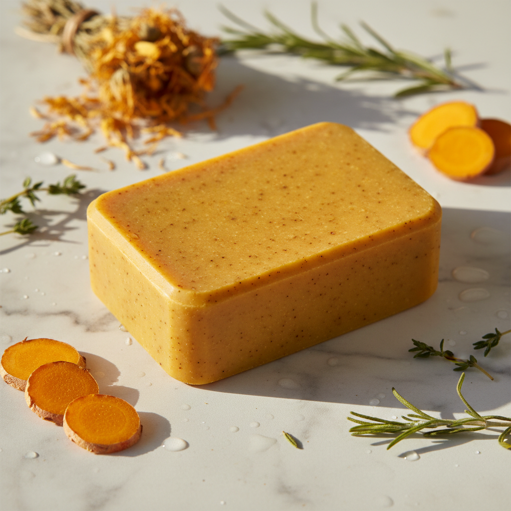Turmeric Herbal Soap bar on white marble with turmeric root and dried herbs