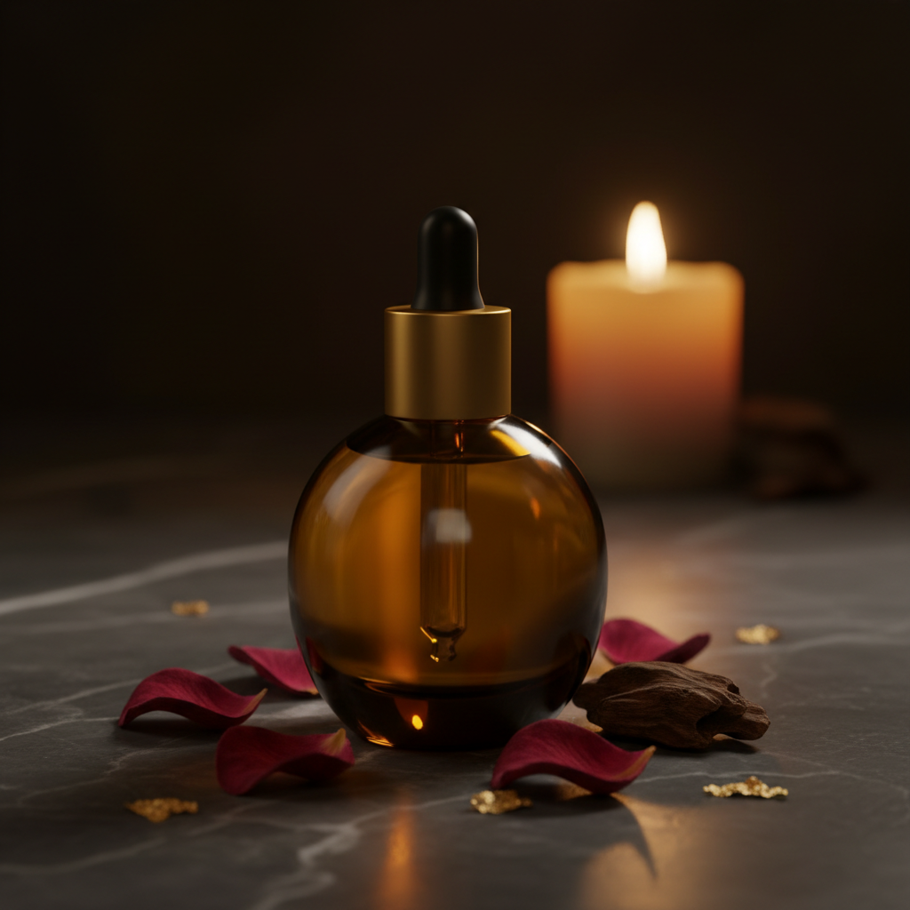 Egyptian Musk Fragrance Oil amber bottle with gold dropper cap, rose petals and oud wood