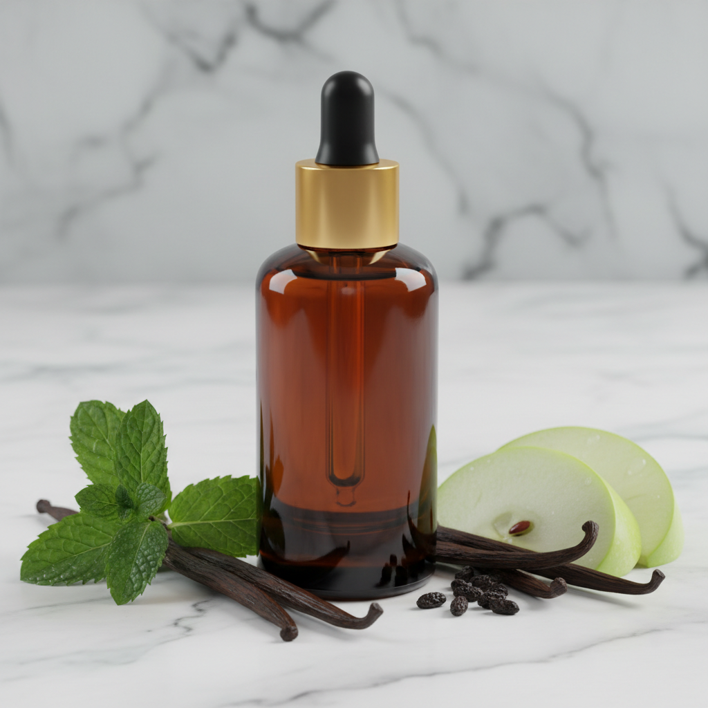 Versace Eros type fragrance oil amber bottle with gold dropper, mint leaves and vanilla pods on white marble